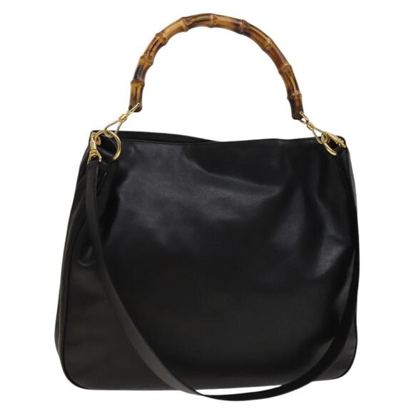 GUCCI Bamboo Hand Bag Leather Black Gold 001 1781 1577 0 - Picture 1 of 16